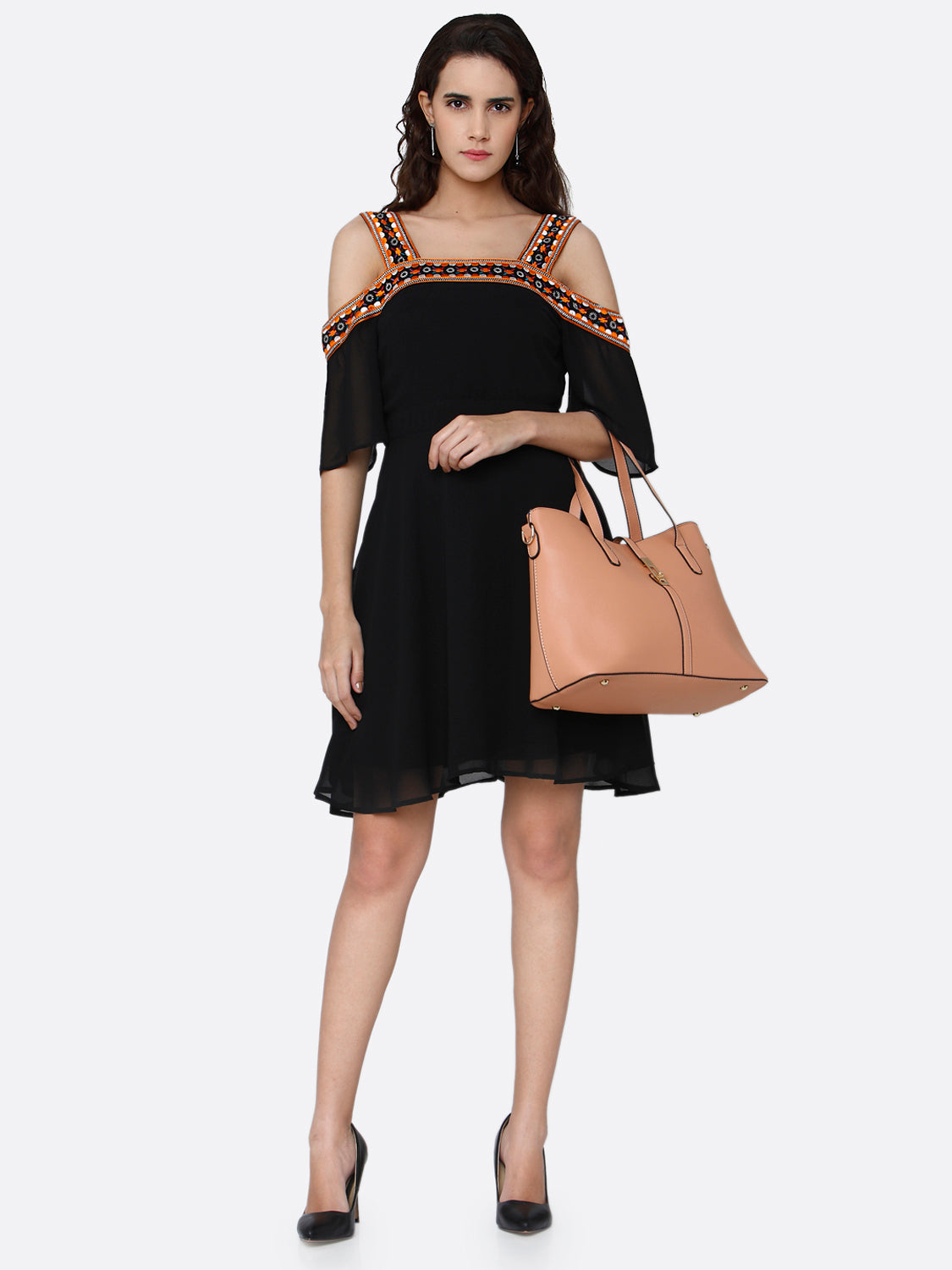 Black Cold-Shoulder Georgette Fit & Flare Dress