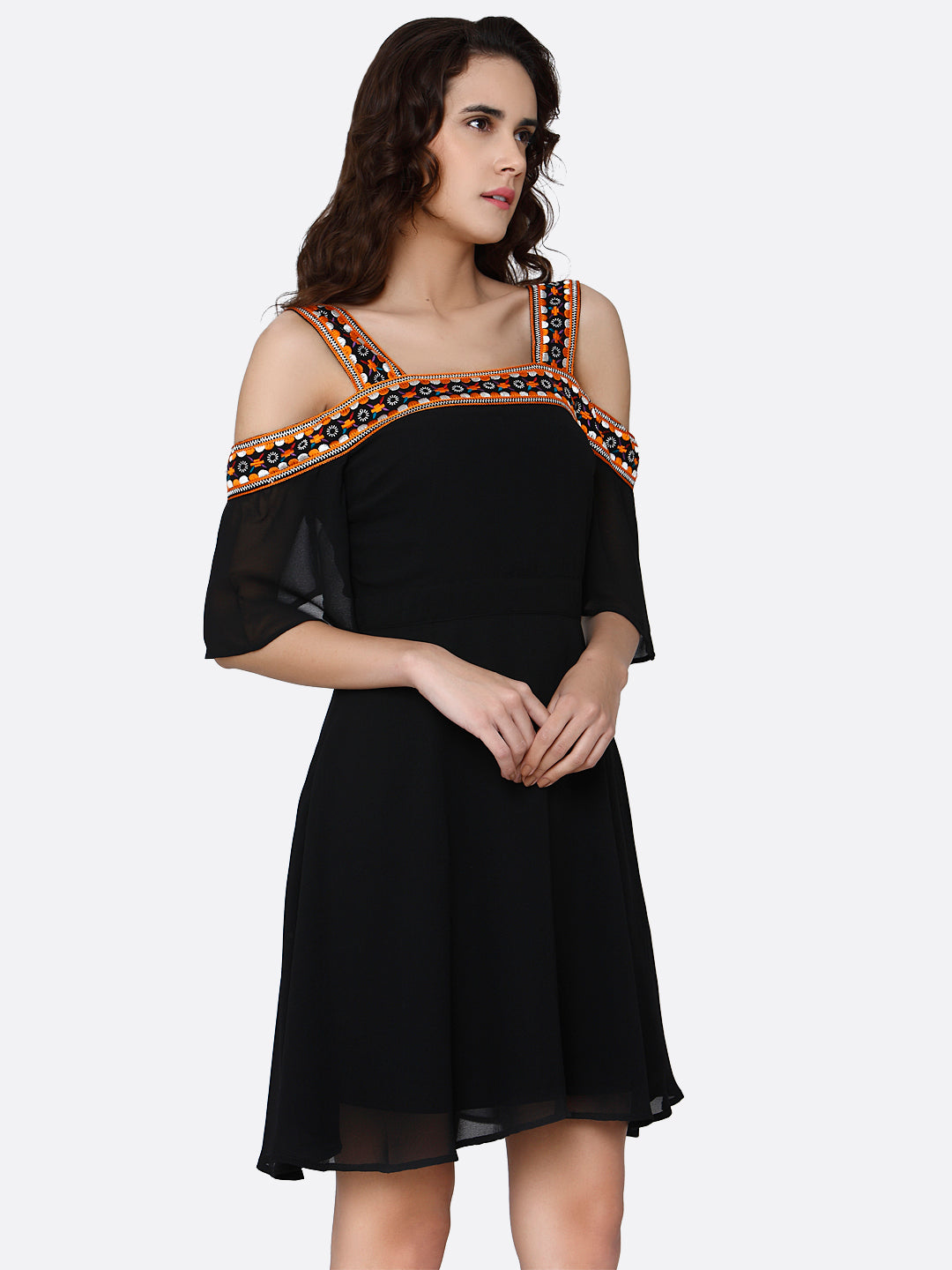 Black Cold-Shoulder Georgette Fit & Flare Dress