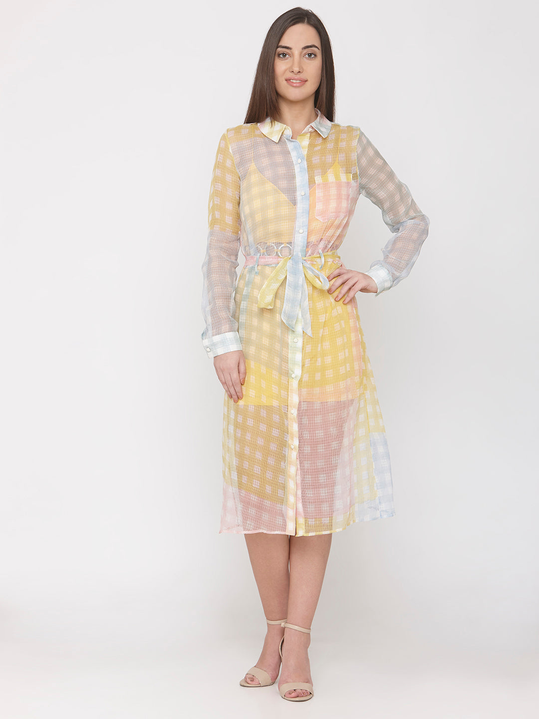 Multicolor Kota Checks Print Waist Tie-up Shirt Dress