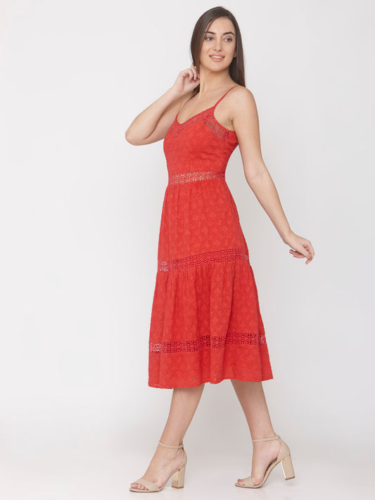 Red Lace Midi Dress