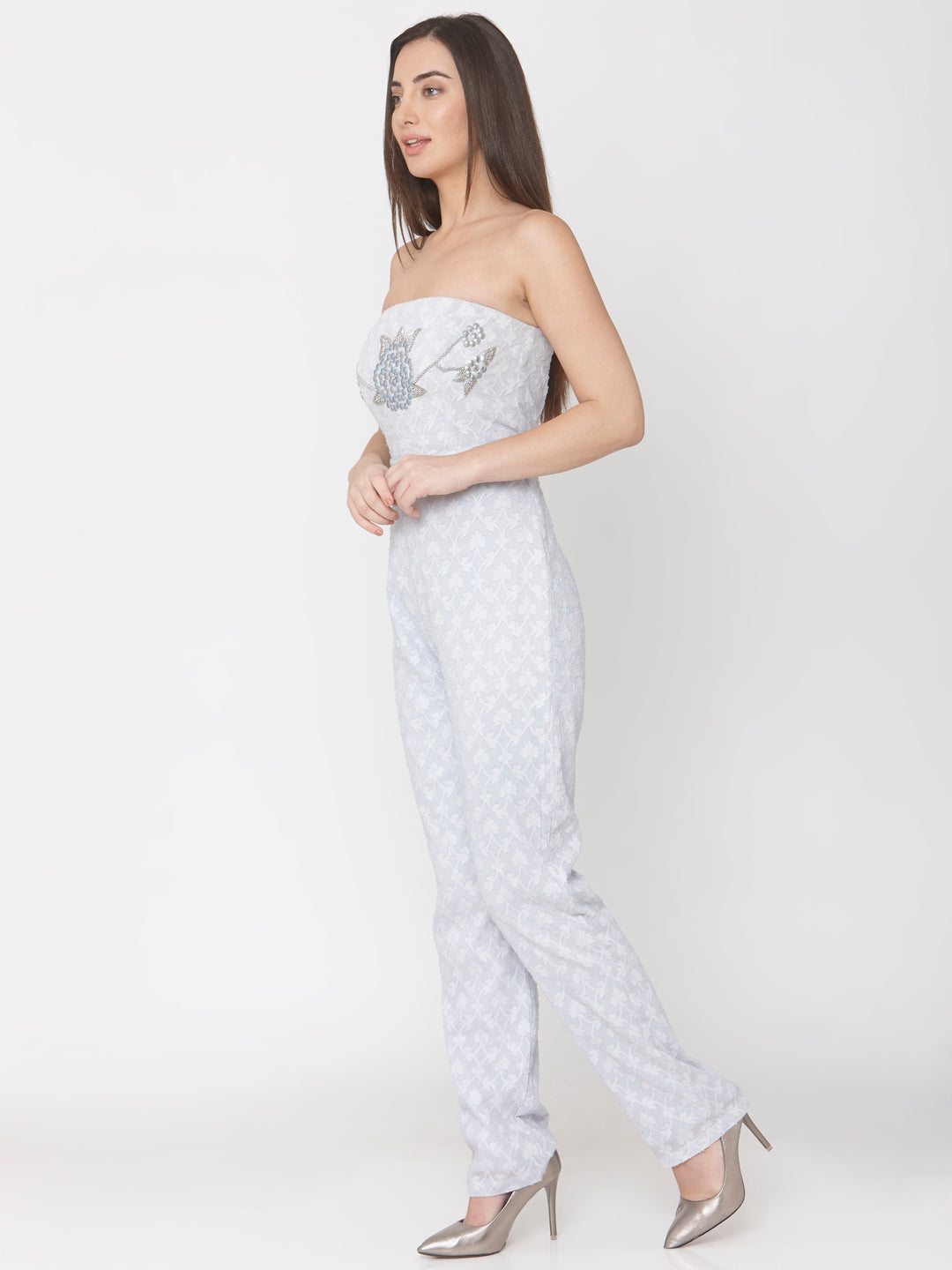 Lilac Cotton Jacquard Embellished Jumpsuit