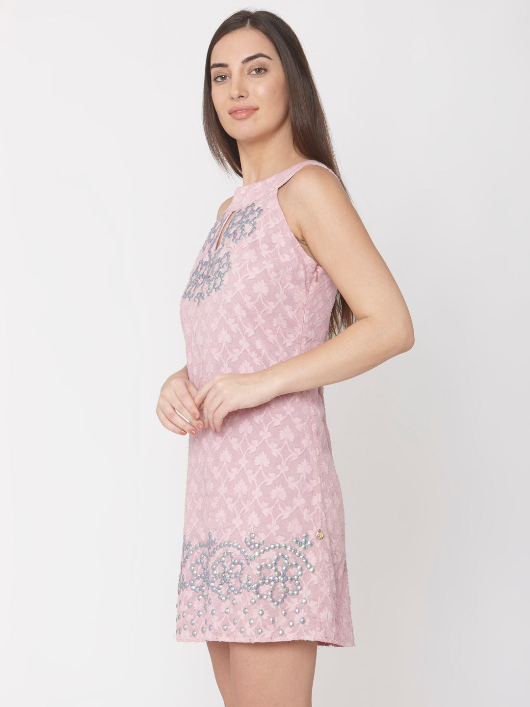 Pink Ethnic Motifs Jacquard Sheath Dress