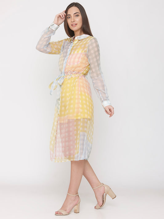 Multicolor Kota Checks Print Waist Tie-up Shirt Dress