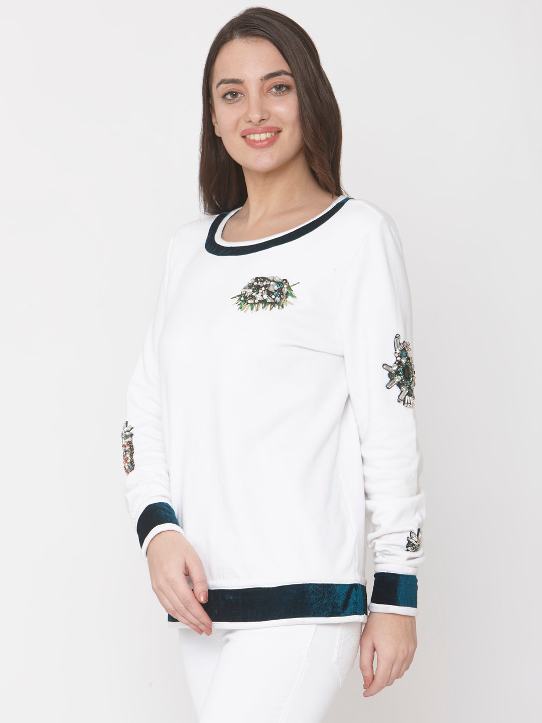 White Embellished Jersey Sweater Top