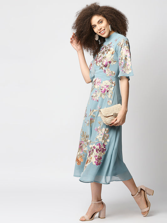 Blue & Beige Floral Embroidered Georgette A-Line Midi Dress