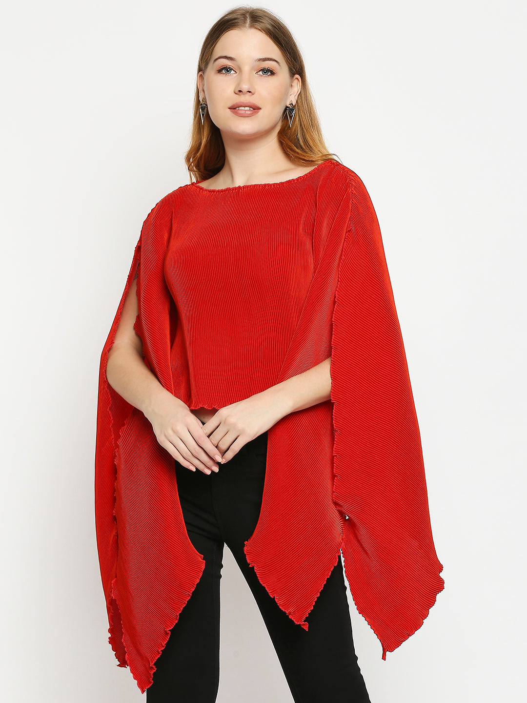 Red Boat Neck Cape Sleeves Top