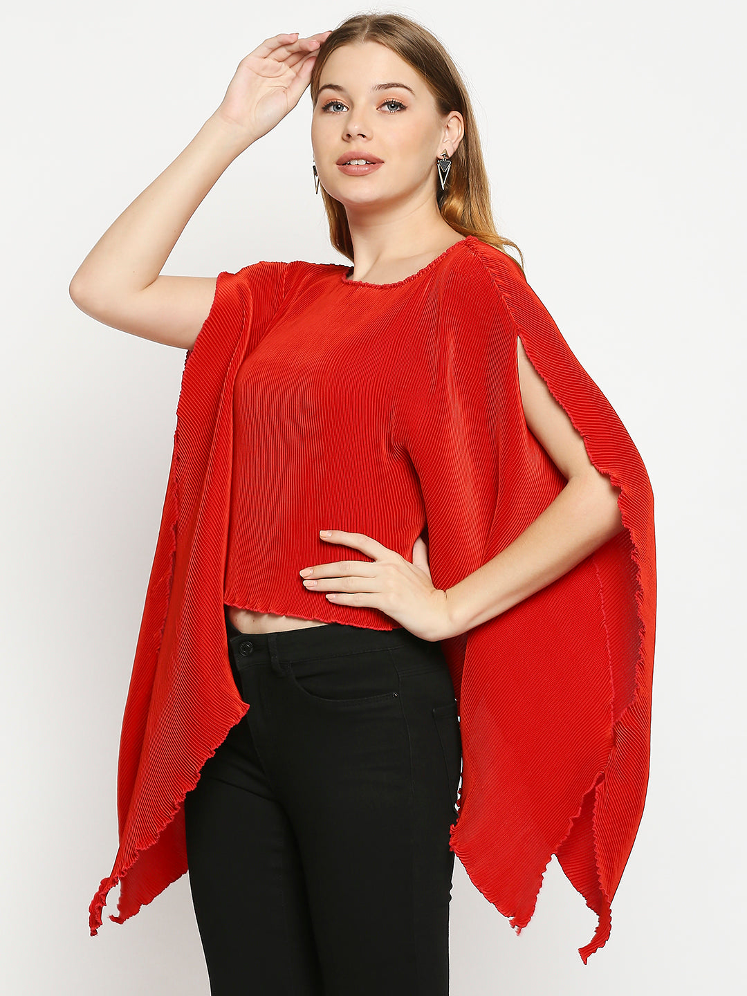 Red Boat Neck Cape Sleeves Top