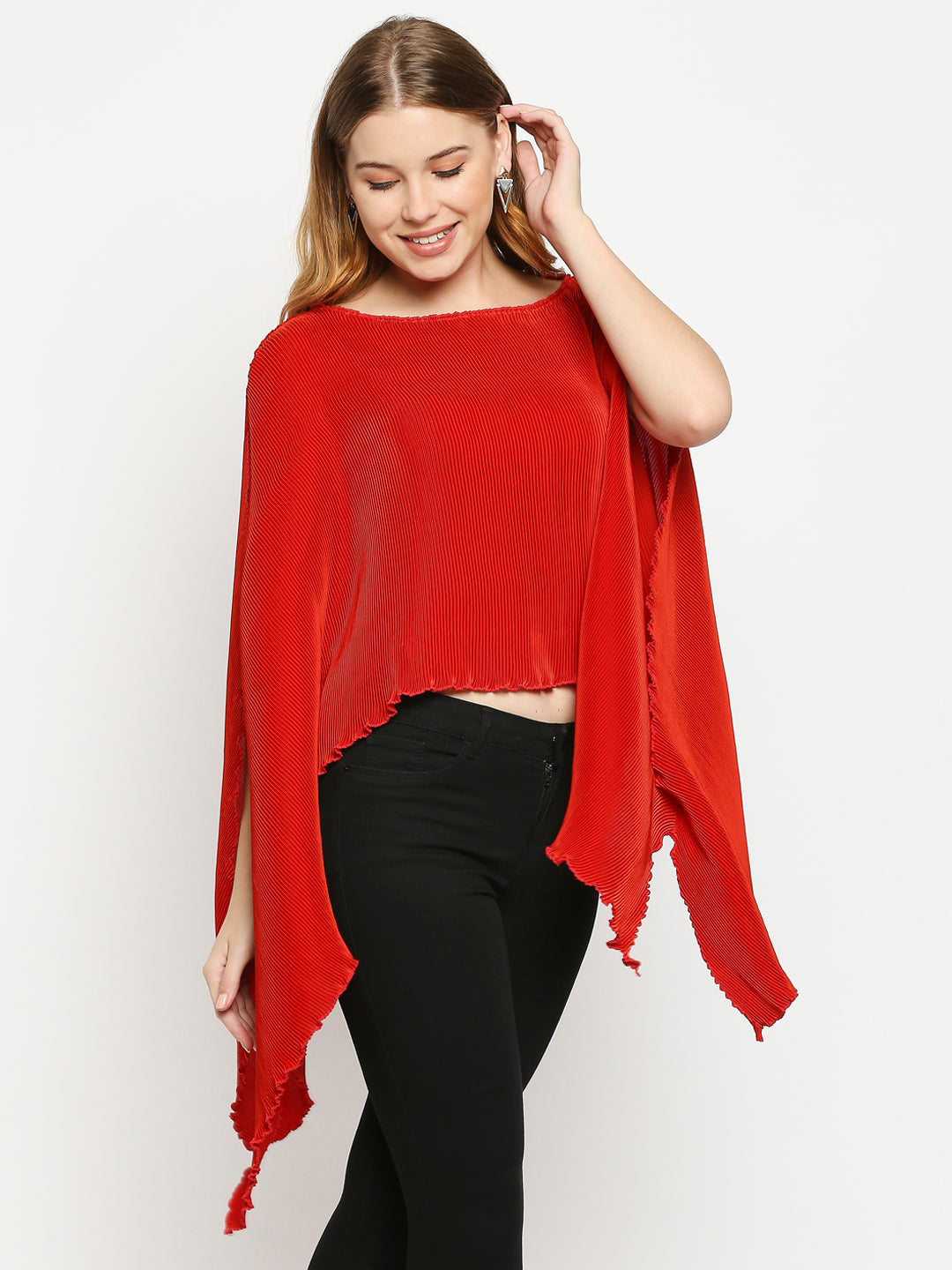 Red Boat Neck Cape Sleeves Top