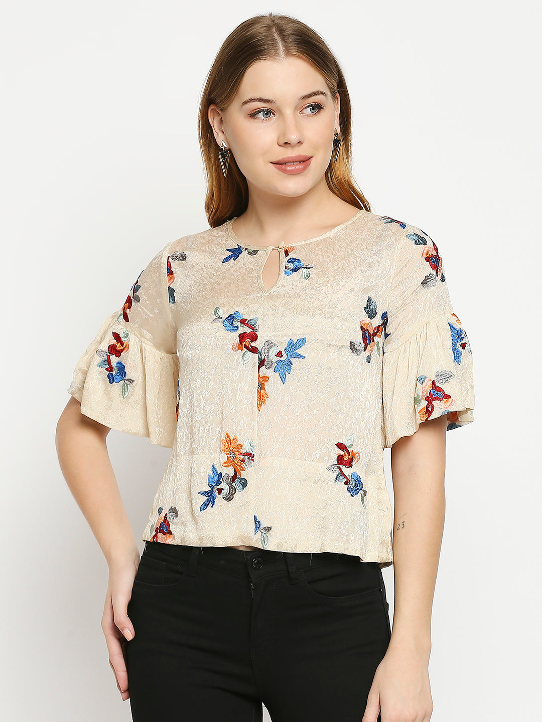 Beige & Blue Floral Embroidered Keyhole Neck Top