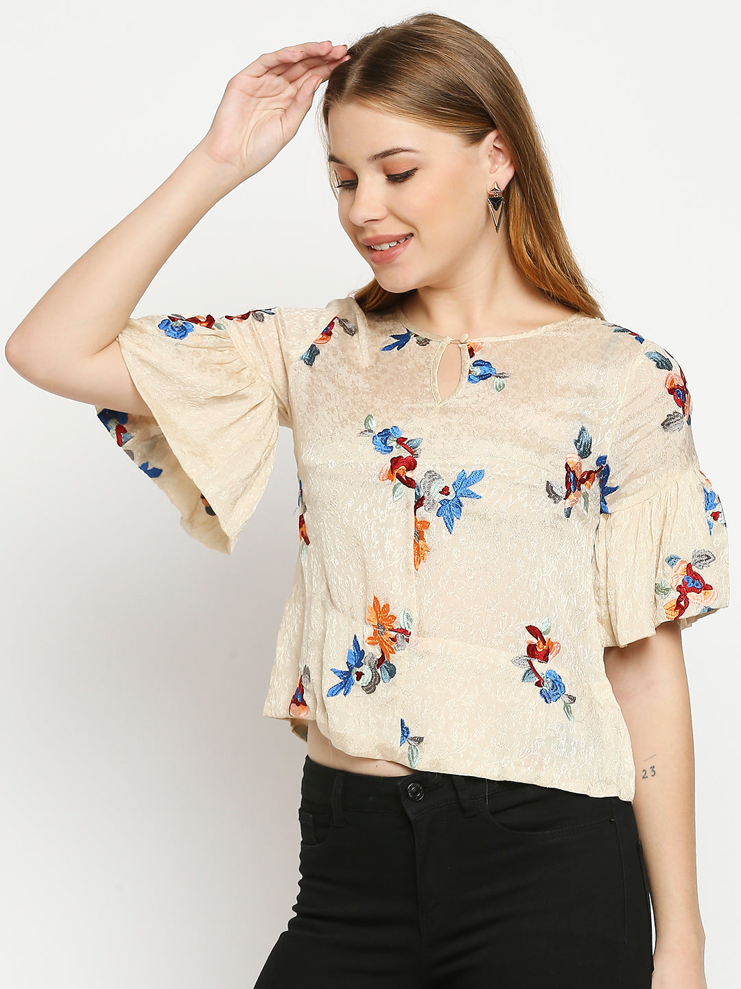 Beige & Blue Floral Embroidered Keyhole Neck Top