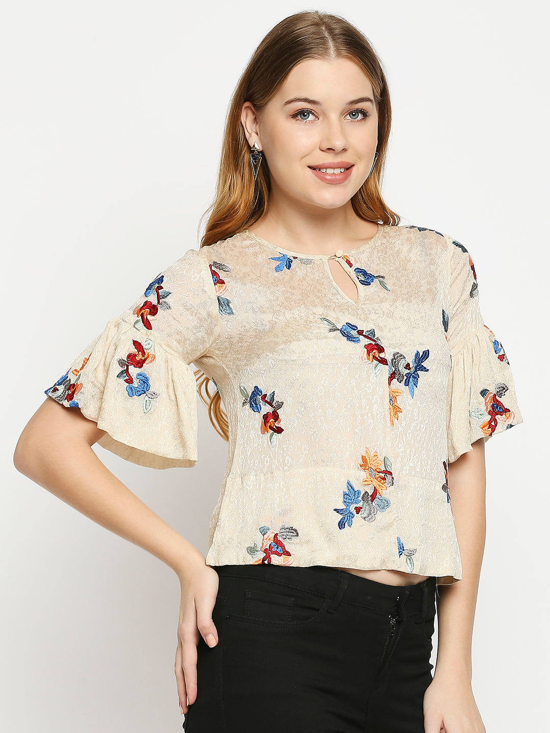 Beige & Blue Floral Embroidered Keyhole Neck Top