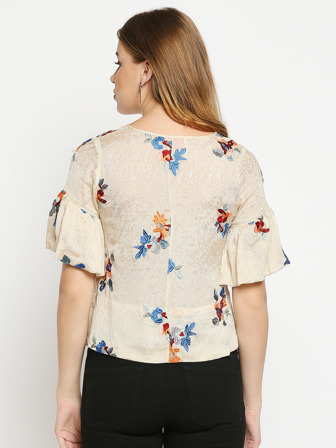 Beige & Blue Floral Embroidered Keyhole Neck Top