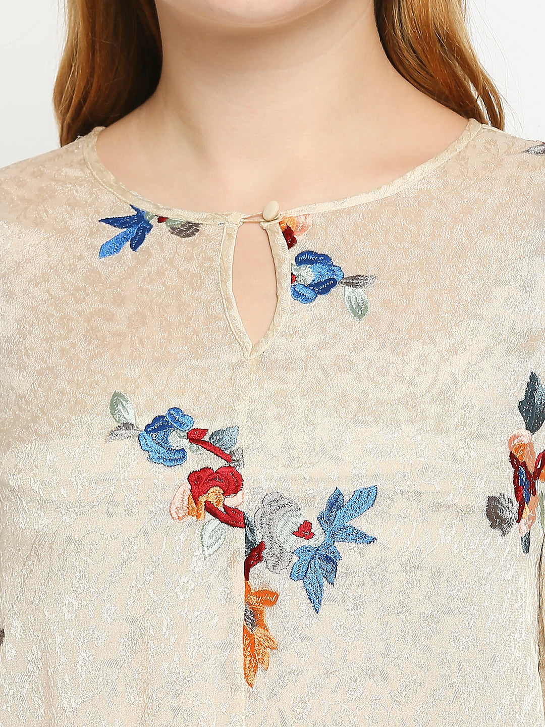 Beige & Blue Floral Embroidered Keyhole Neck Top