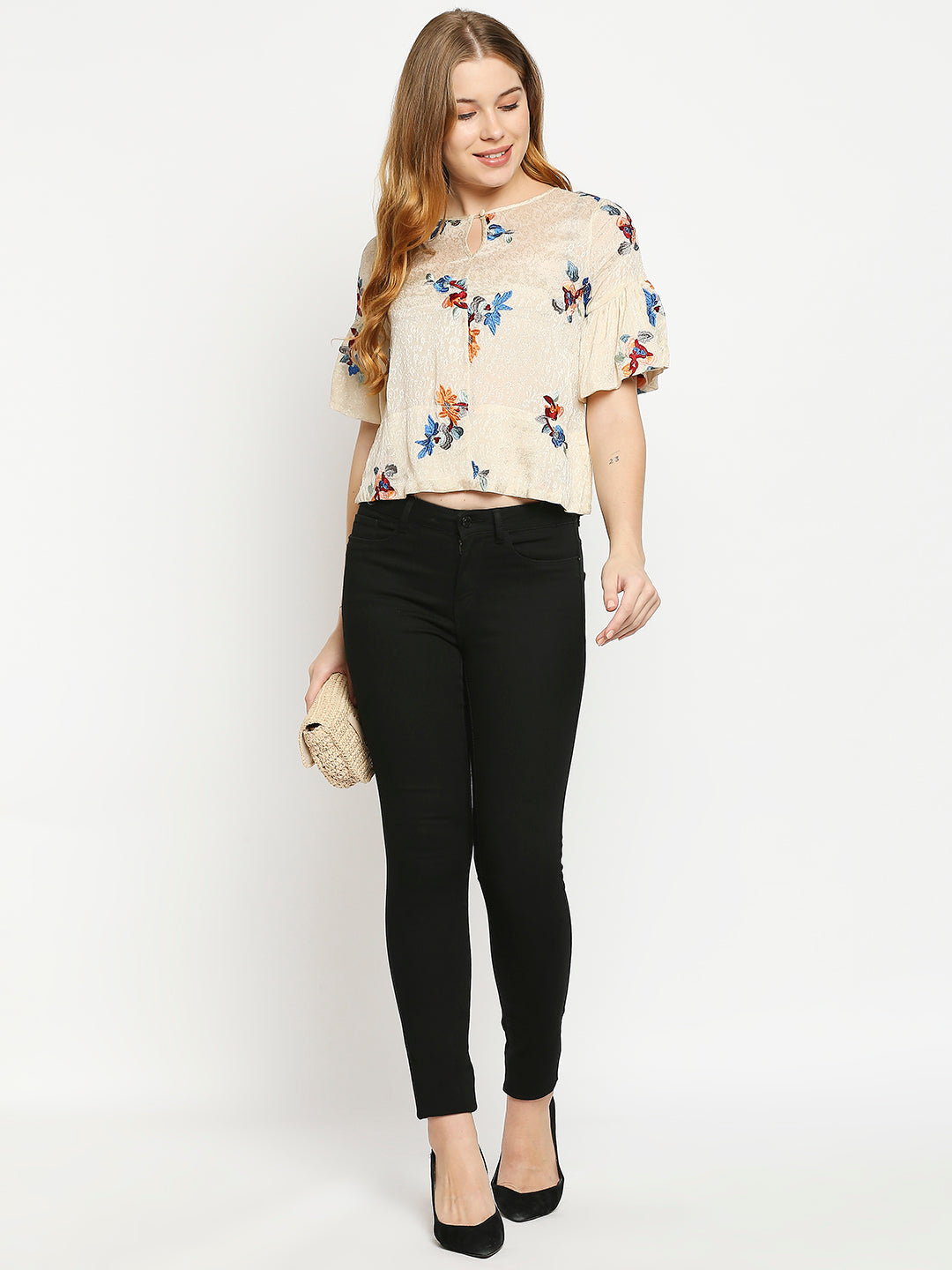 Beige & Blue Floral Embroidered Keyhole Neck Top