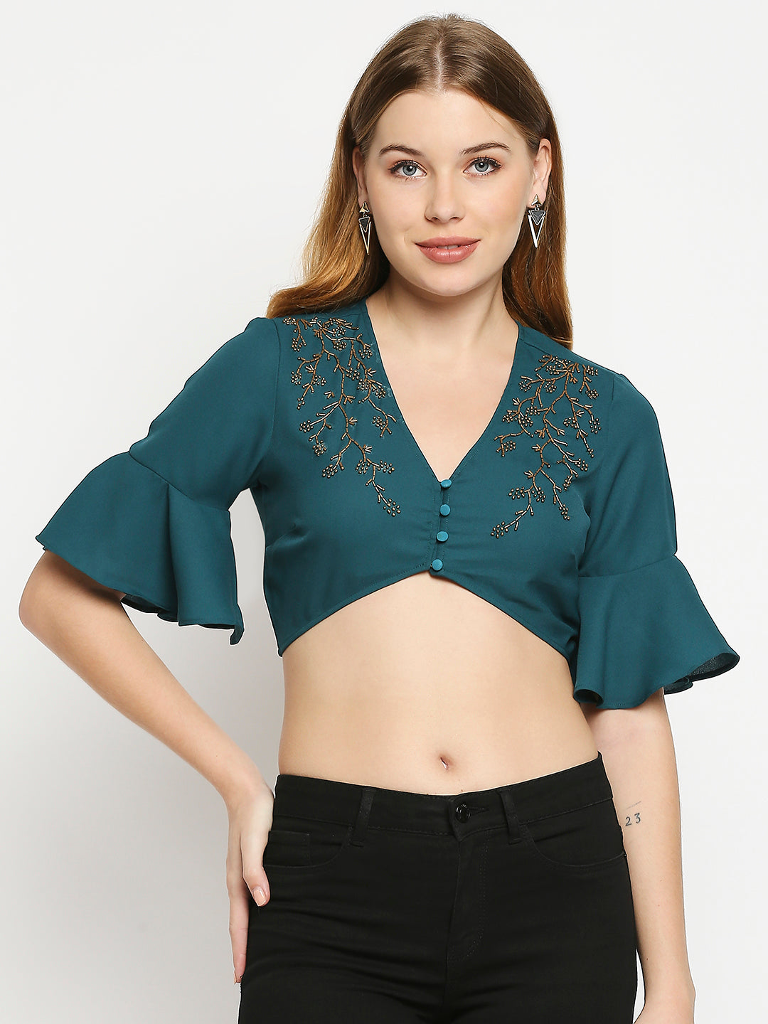 Teal Embellished Crepe Crop Top