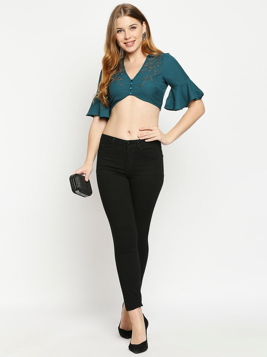 Teal Embellished Crepe Crop Top