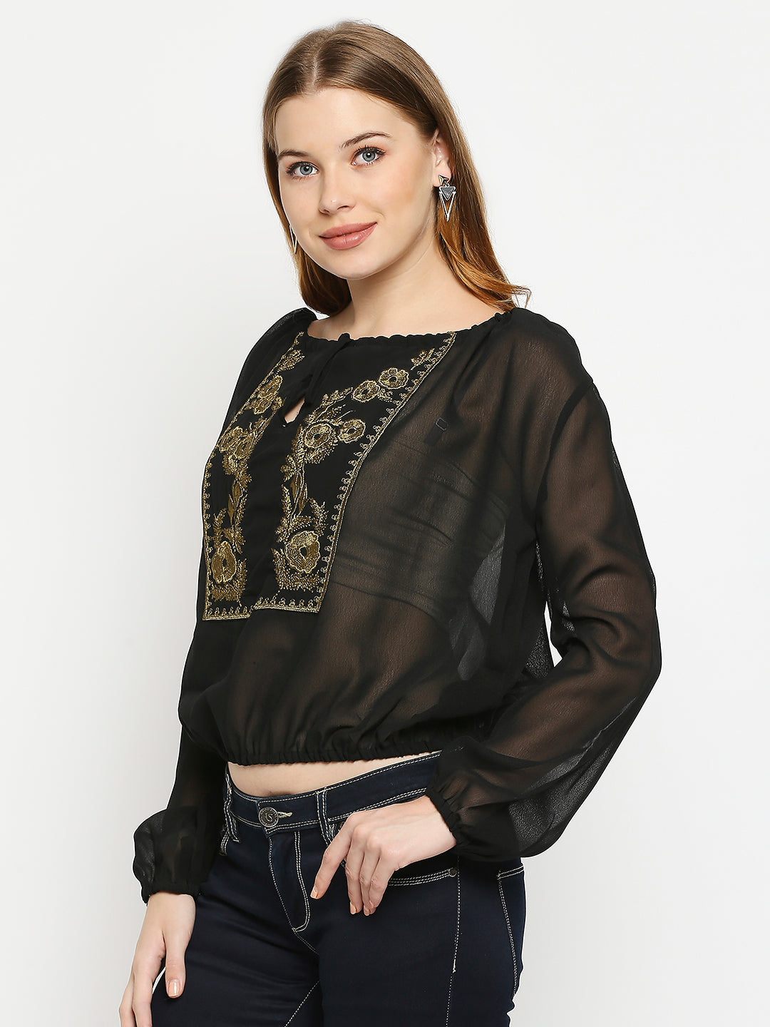 Black Floral Tie-Up Neck Bohemian Georgette Top