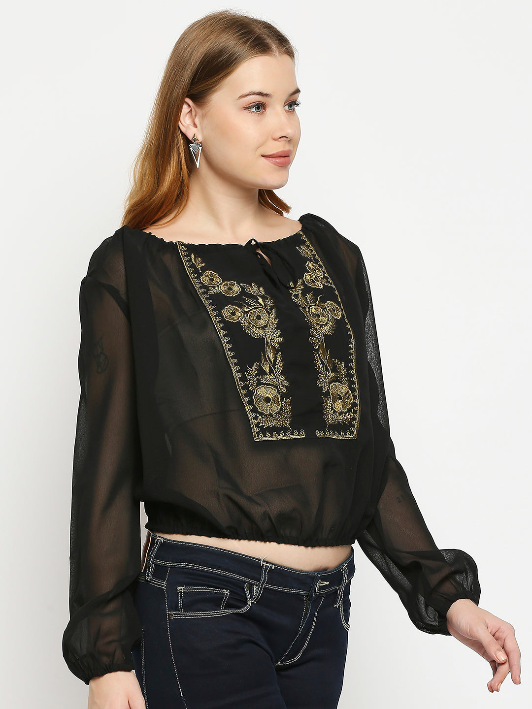 Black Floral Tie-Up Neck Bohemian Georgette Top