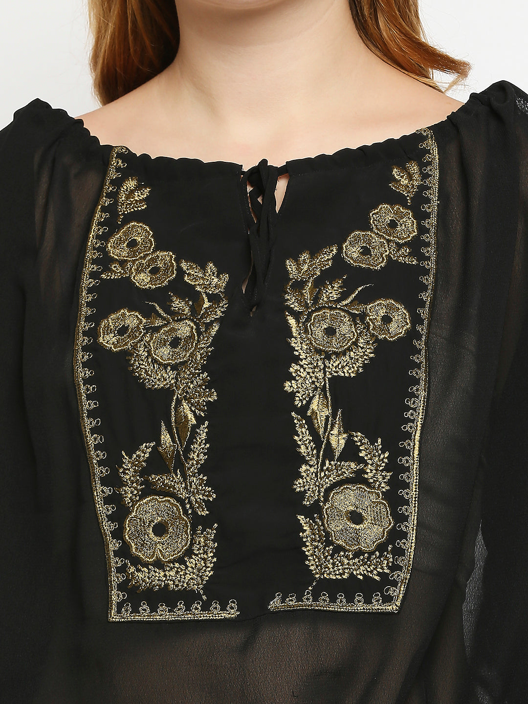 Black Floral Tie-Up Neck Bohemian Georgette Top