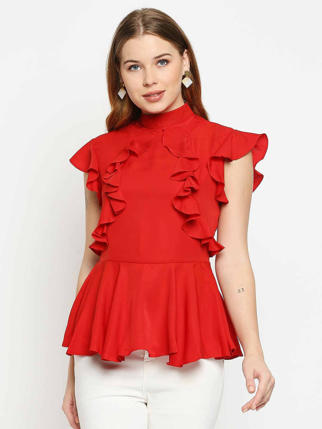 Red Ruffles Crepe Peplum Top