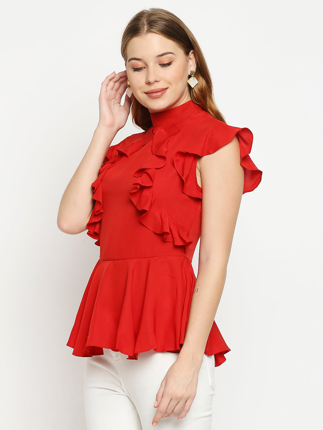 Red Ruffles Crepe Peplum Top