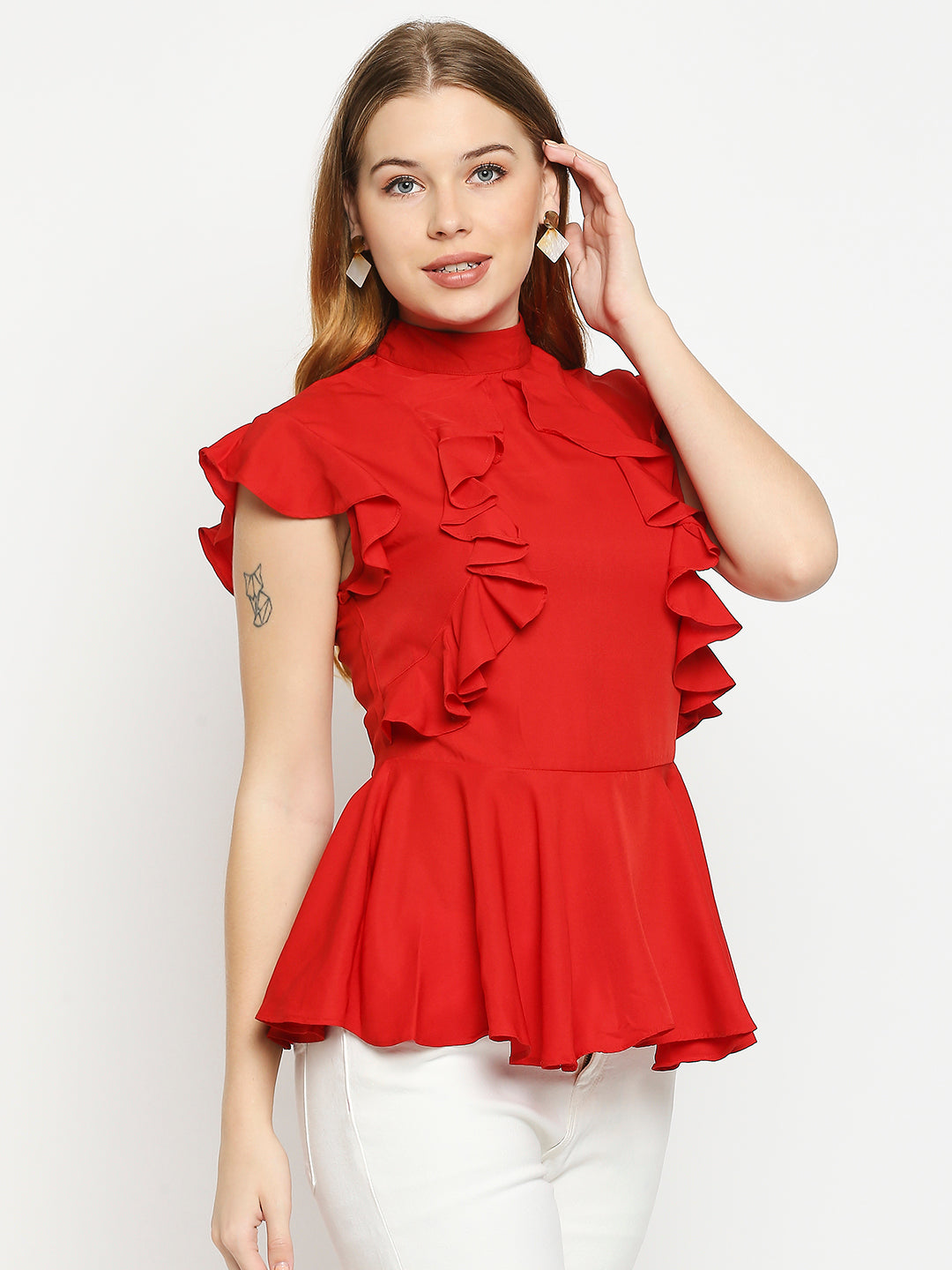 Red Ruffles Crepe Peplum Top