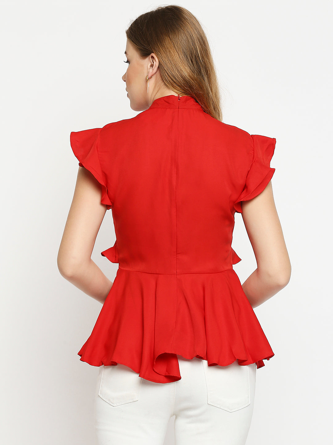 Red Ruffles Crepe Peplum Top