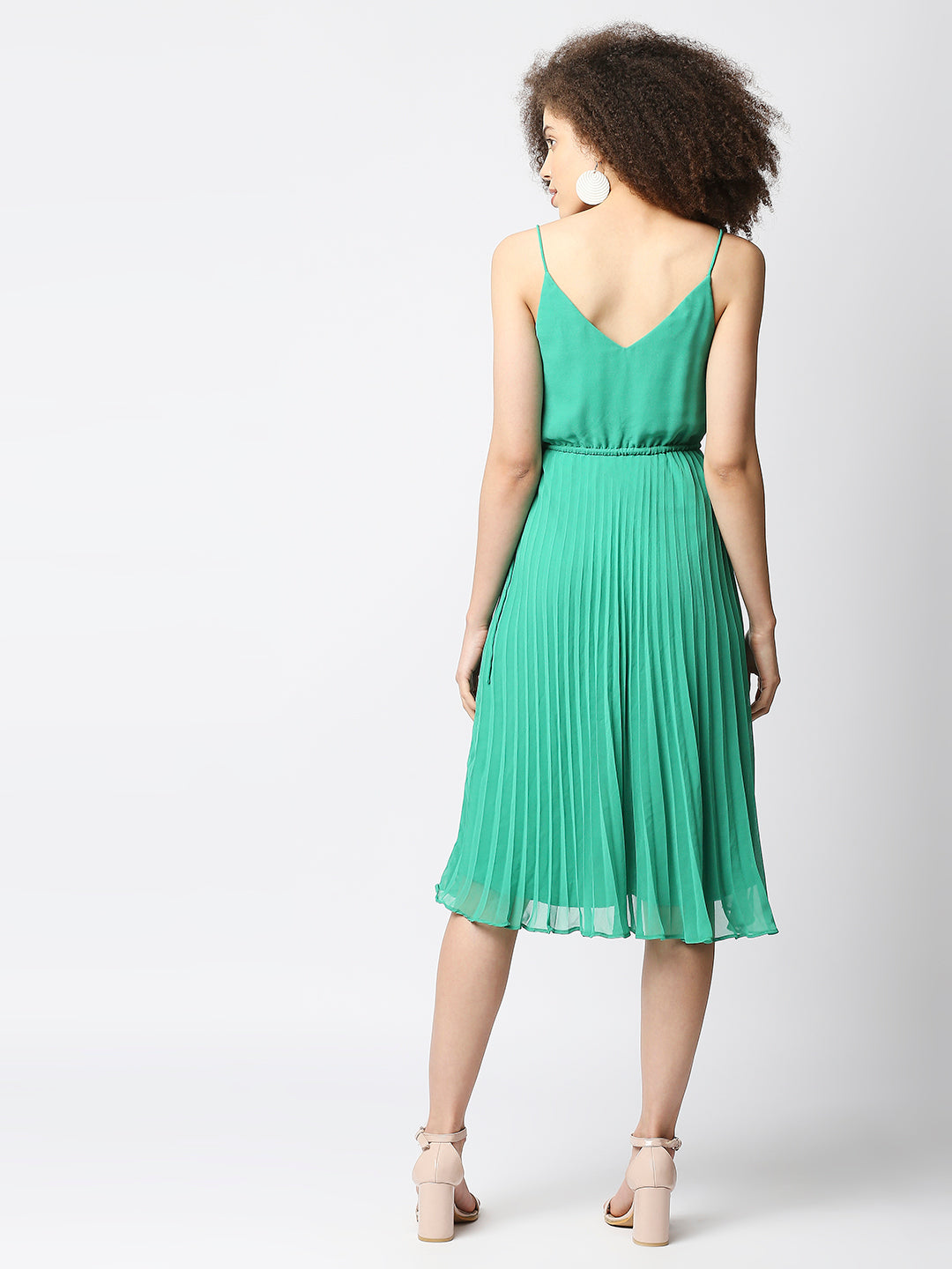 Sea Green Embellished Accordion Pleated Empire Midi Dress