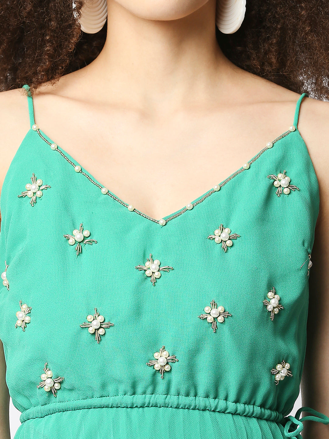 Sea Green Embellished Accordion Pleated Empire Midi Dress