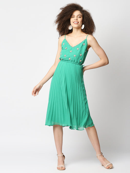 Sea Green Embellished Accordion Pleated Empire Midi Dress