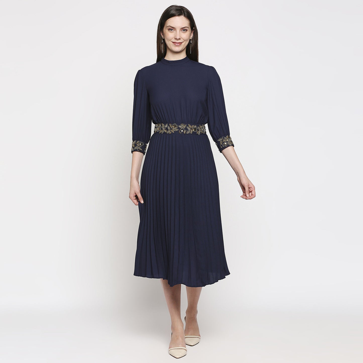 Navy Blue & Gold-Toned Crepe A-Line Midi Dress