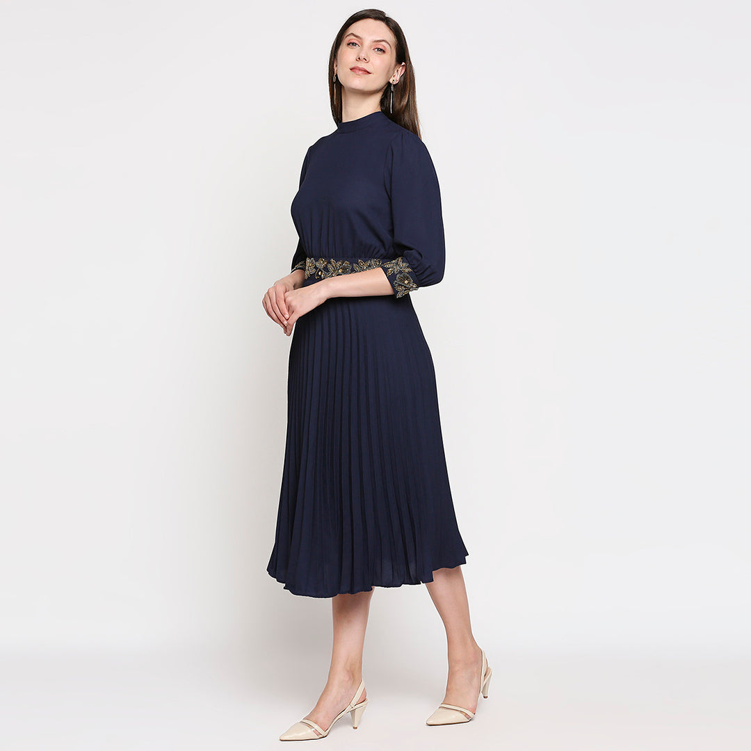 Navy Blue & Gold-Toned Crepe A-Line Midi Dress