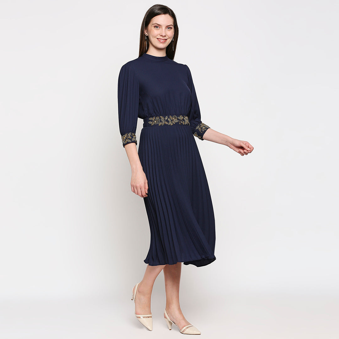 Navy Blue & Gold-Toned Crepe A-Line Midi Dress