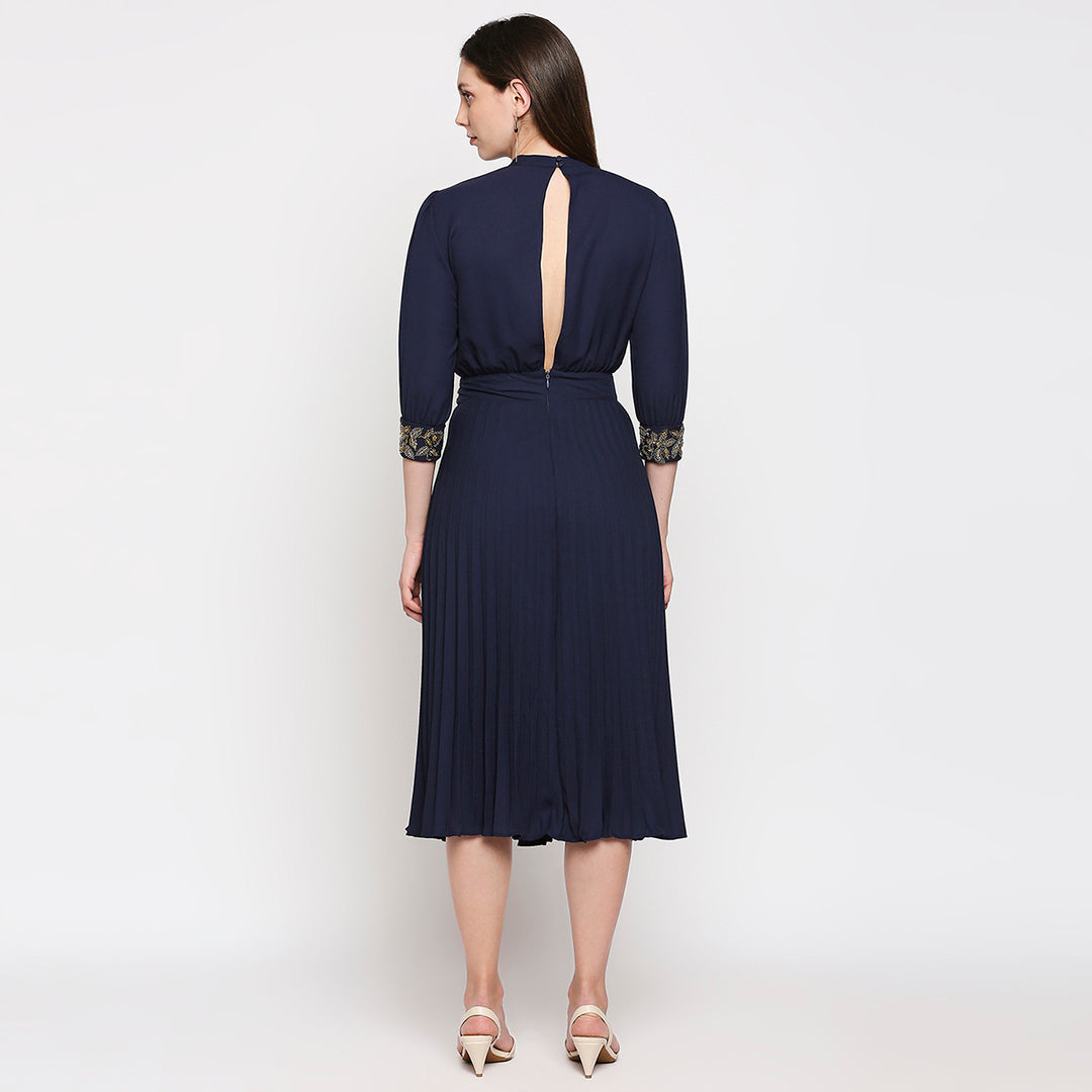 Navy Blue & Gold-Toned Crepe A-Line Midi Dress