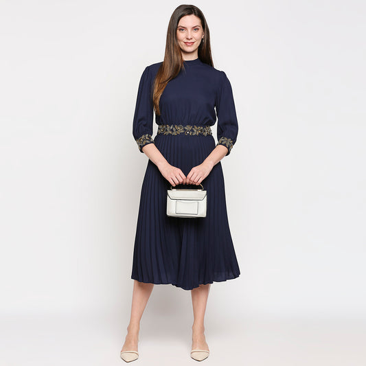 Navy Blue & Gold-Toned Crepe A-Line Midi Dress