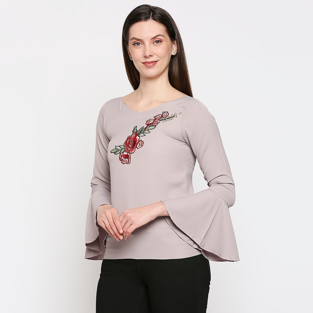 Grey Floral Crepe Regular Top