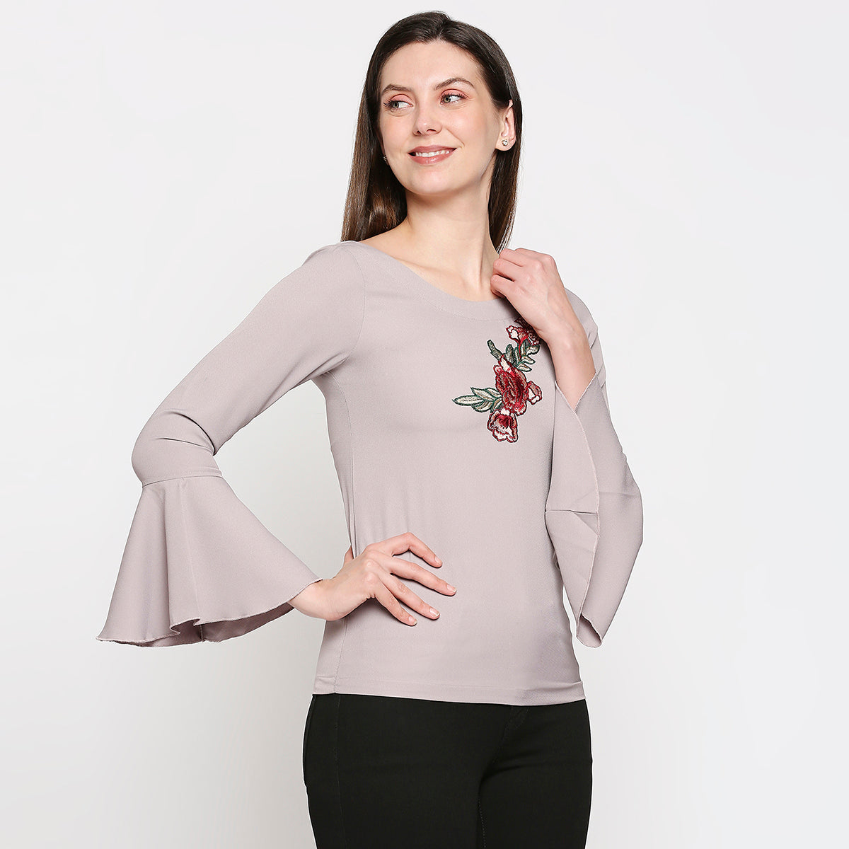 Grey Floral Crepe Regular Top