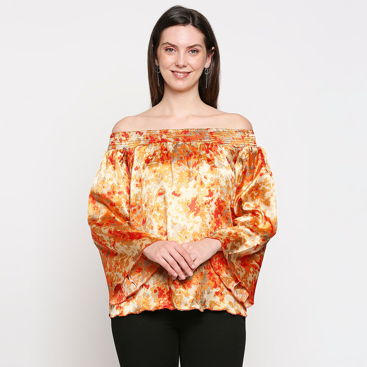 Orange & Yellow Off-Shoulder Printed Satin Bardot Top