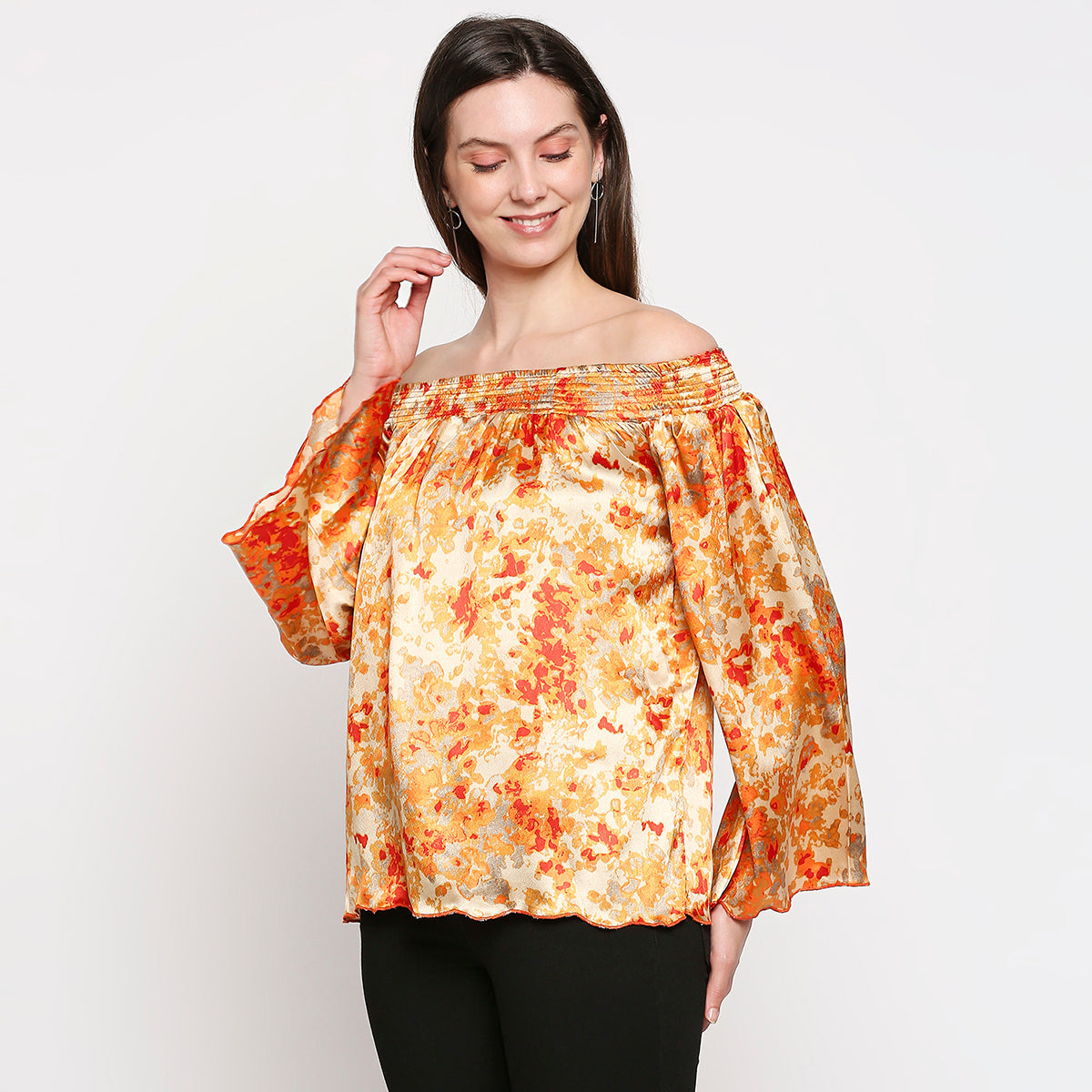 Orange & Yellow Off-Shoulder Printed Satin Bardot Top