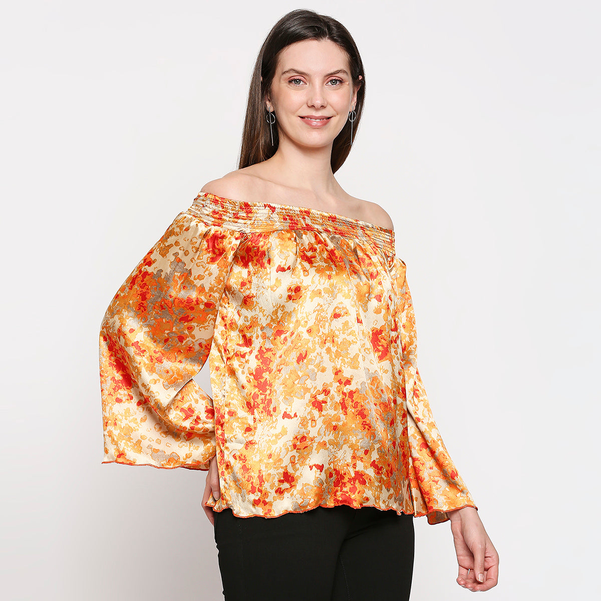 Orange & Yellow Off-Shoulder Printed Satin Bardot Top