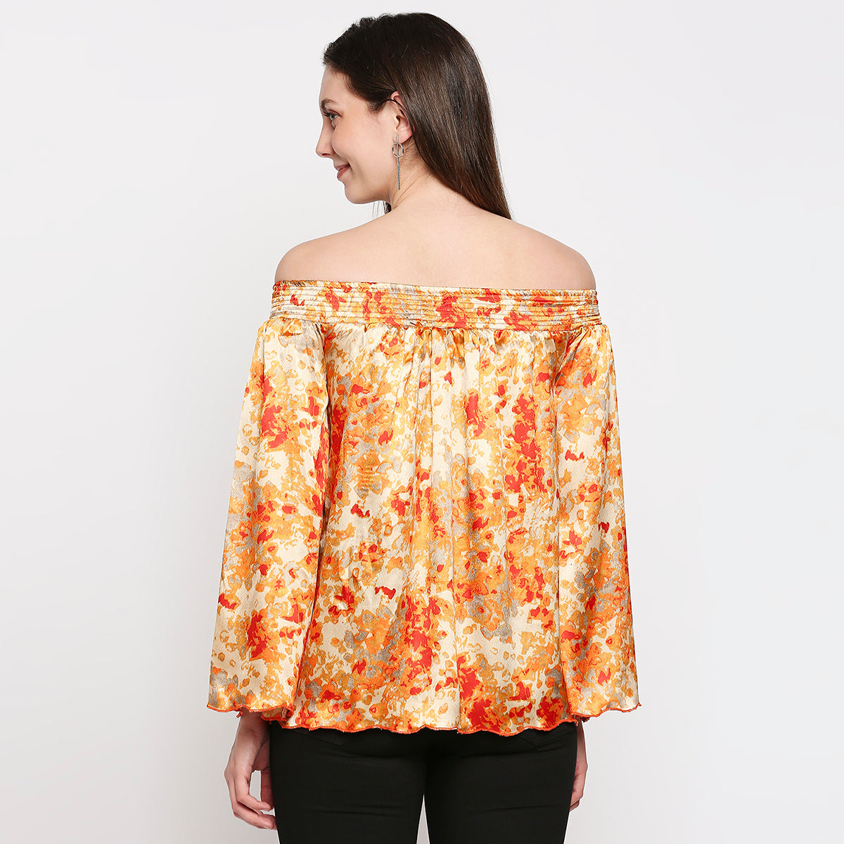 Orange & Yellow Off-Shoulder Printed Satin Bardot Top