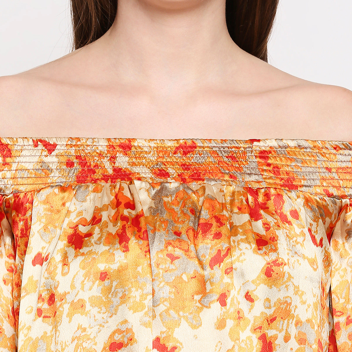 Orange & Yellow Off-Shoulder Printed Satin Bardot Top