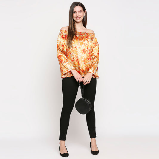 Orange & Yellow Off-Shoulder Printed Satin Bardot Top