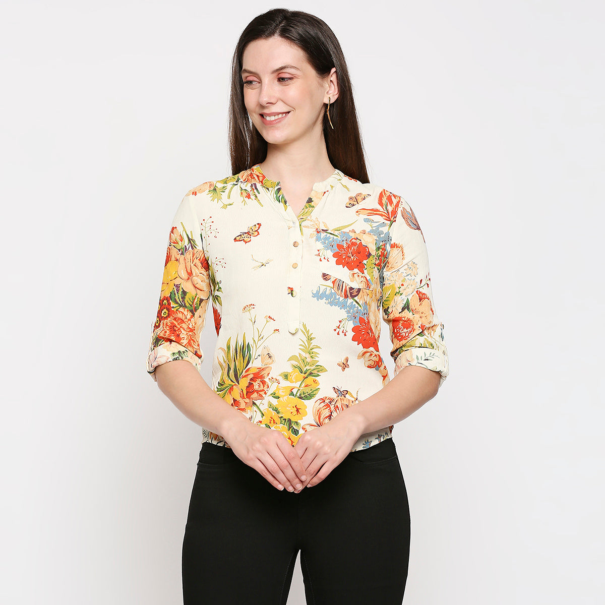 Cream-Coloured & Red Floral Crepe Shirt Style Top