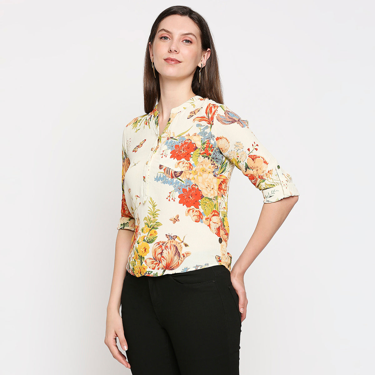 Cream-Coloured & Red Floral Crepe Shirt Style Top