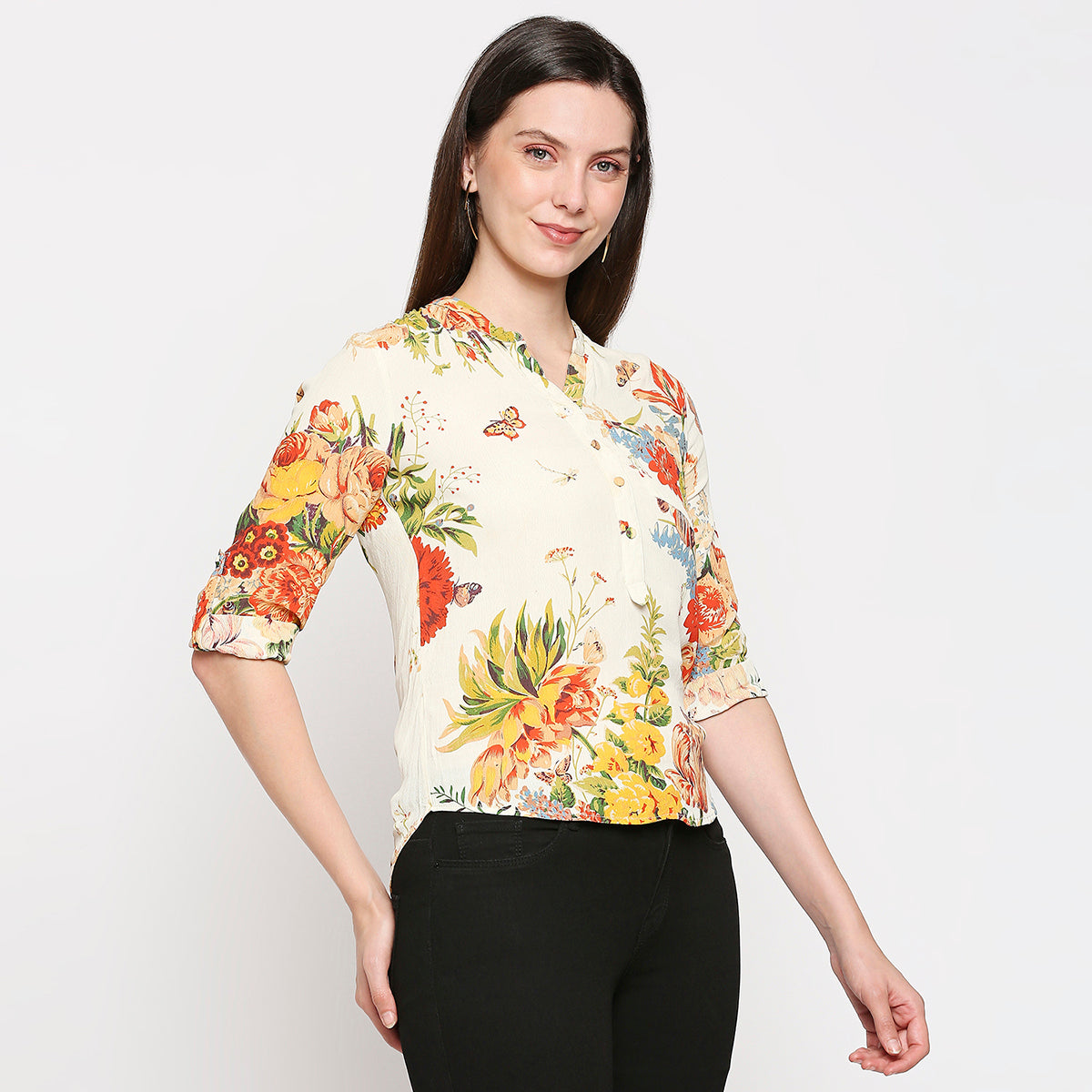 Cream-Coloured & Red Floral Crepe Shirt Style Top