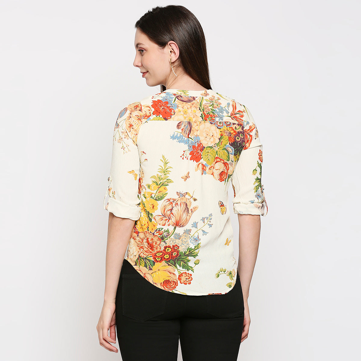 Cream-Coloured & Red Floral Crepe Shirt Style Top