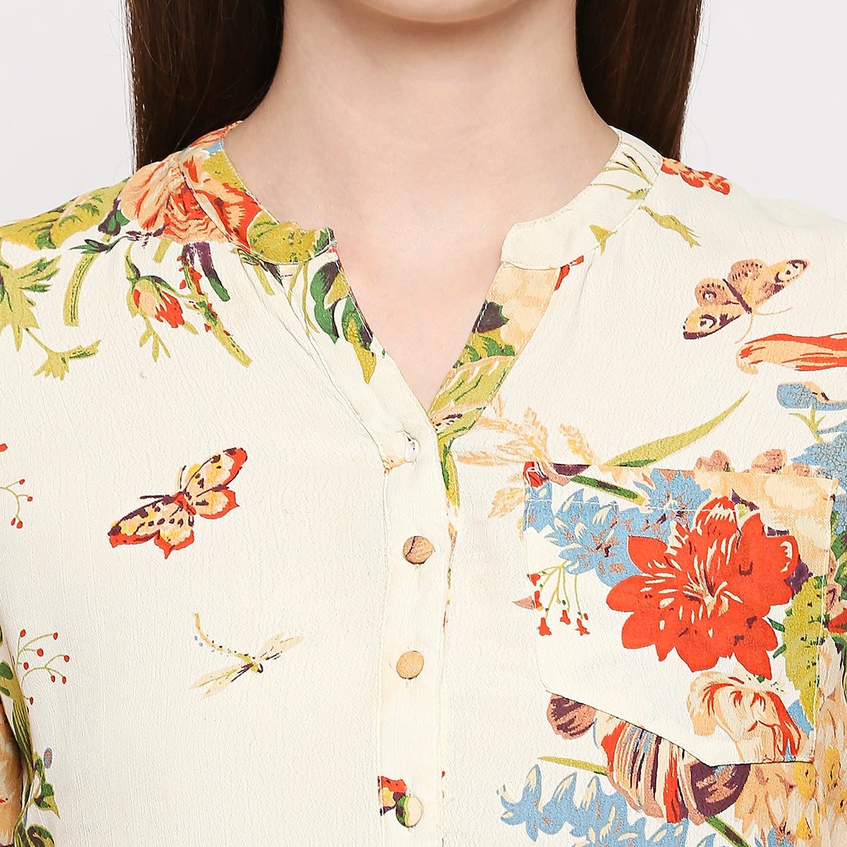 Cream-Coloured & Red Floral Crepe Shirt Style Top