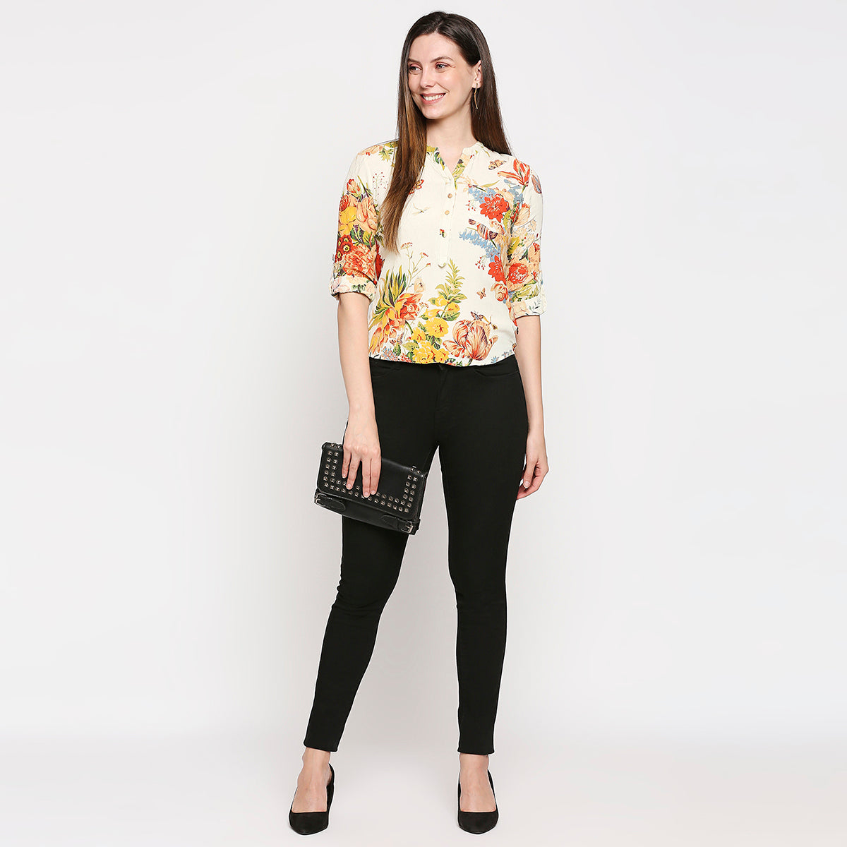 Cream-Coloured & Red Floral Crepe Shirt Style Top