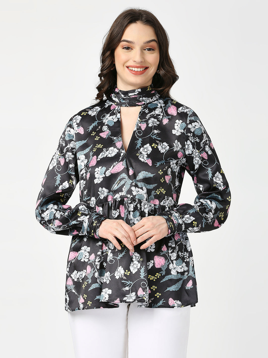 Black Floral Satin Full Sleeves Top